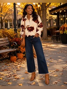 LOFT | Cream Sherpa Fleece Zip Pullover with Red Floral Print